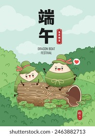 Antiguas chino arroz dumplings personaje de dibujos animados. Ilustración del festival del barco del dragón. (palabra china significa festival del barco del dragón, día 5 de mayo, bola de masa hervida del arroz, zongzi)