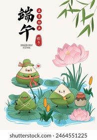 Antiguas chino arroz dumplings personaje de dibujos animados. Ilustración del festival del barco del dragón. (palabra china significa festival del barco del dragón, día 5 de mayo, bola de masa hervida del arroz, zongzi)