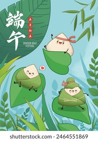 Antiguas chino arroz dumplings personaje de dibujos animados. Ilustración del festival del barco del dragón. (palabra china significa festival del barco del dragón, día 5 de mayo, bola de masa hervida del arroz, zongzi)