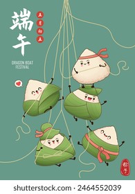 Antiguas chino arroz dumplings personaje de dibujos animados. Ilustración del festival del barco del dragón. (palabra china significa festival del barco del dragón, día 5 de mayo, bola de masa hervida del arroz, zongzi)