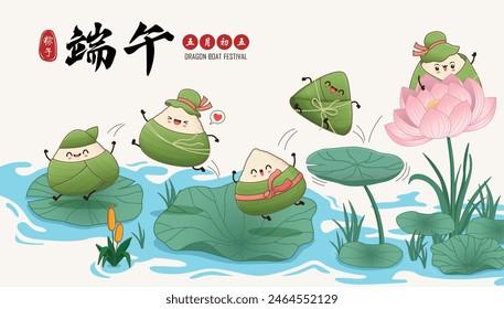 Antiguas chino arroz dumplings personaje de dibujos animados. Ilustración del festival del barco del dragón. (palabra china significa festival del barco del dragón, día 5 de mayo, bola de masa hervida del arroz, zongzi)