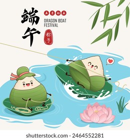 Antiguas chino arroz dumplings personaje de dibujos animados. Ilustración del festival del barco del dragón. (palabra china significa festival del barco del dragón, día 5 de mayo, bola de masa hervida del arroz, zongzi)