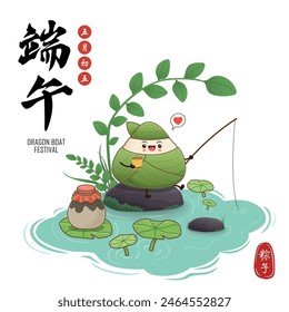 Vintage Chinese rice dumplings cartoon character. Dragon boat festival illustration.(Chinese word means Dragon Boat festival, 5th day of may, rice dumpling, zongzi)