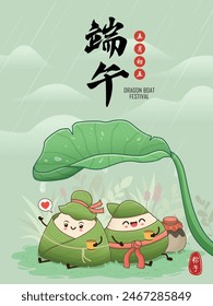 Vintage Chinese rice dumplings cartoon character. Dragon boat festival illustration.(Chinese word means Dragon Boat festival, 5th day of may, rice dumpling, zongzi)