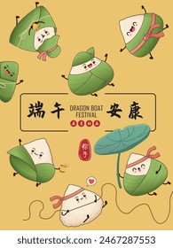 Antiguas chino arroz dumplings personaje de dibujos animados. Ilustración del festival del barco del dragón. (palabra china significa festival del barco del dragón, día 5 de mayo, bola de masa hervida del arroz, zongzi)