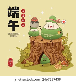 Antiguas chino arroz dumplings personaje de dibujos animados. Ilustración del festival del barco del dragón. (palabra china significa festival del barco del dragón, día 5 de mayo, bola de masa hervida del arroz, zongzi)