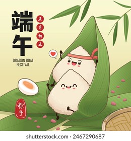 Antiguas chino arroz dumplings personaje de dibujos animados. Ilustración del festival del barco del dragón. (palabra china significa festival del barco del dragón, día 5 de mayo, bola de masa hervida del arroz, zongzi)