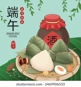 Antiguas chino arroz dumplings personaje de dibujos animados. Ilustración del festival del barco del dragón. (palabra china significa festival del barco del dragón, 5 de mayo, bola de masa hervida del arroz, zongzi, licor)