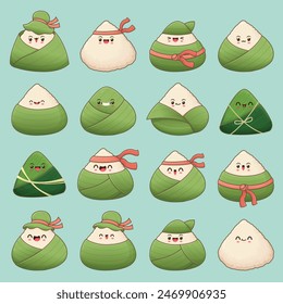 Vintage Chinese rice dumplings cartoon character set. Dragon boat festival illustration