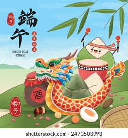 Antiguas chino arroz dumplings personaje de dibujos animados. Ilustración del festival del barco del dragón. (palabra china significa festival del barco del dragón, 5 de mayo, bola de masa hervida del arroz, zongzi, licor)