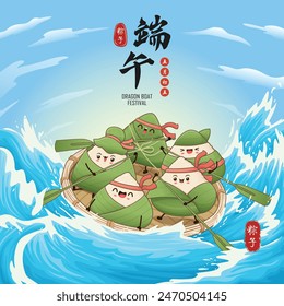 Antiguas chino arroz dumplings personaje de dibujos animados. Ilustración del festival del barco del dragón. (palabra china significa festival del barco del dragón, día 5 de mayo, bola de masa hervida del arroz, zongzi)