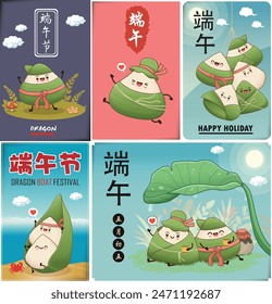 Antiguas chino arroz dumplings personaje de dibujos animados. Conjunto de ilustración del festival del barco del dragón. (palabra china significa festival del barco del dragón, 5 de mayo, bola de masa hervida del arroz, zongzi)