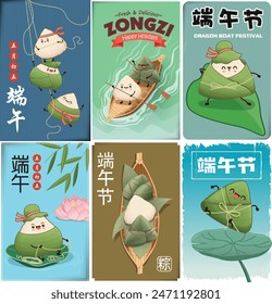 Antiguas chino arroz dumplings personaje de dibujos animados. Conjunto de ilustración del festival del barco del dragón. (palabra china significa festival del barco del dragón, 5 de mayo, bola de masa hervida del arroz, zongzi)