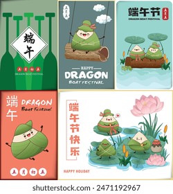 Antiguas chino arroz dumplings personaje de dibujos animados. Conjunto de ilustración del festival del barco del dragón. (palabra china significa Festival del barco del dragón feliz, 5 de mayo, bola de masa hervida del arroz, zongzi)