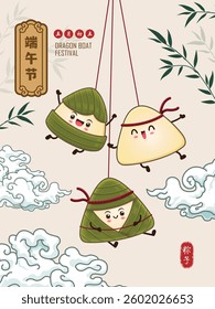 Vintage Chinese rice dumplings cartoon character. Dragon boat festival illustration. Translation: Dragon Boat festival, 5th day of may, rice dumpling, zongzi