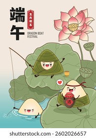 Vintage Chinese rice dumplings cartoon character. Dragon boat festival illustration. Translation: Dragon Boat festival, 5th day of may, rice dumpling, zongzi, liquor