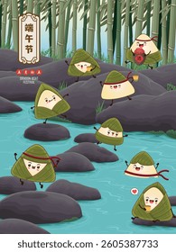 Vintage Chinese rice dumplings cartoon character. Dragon boat festival illustration. Translation: Dragon Boat festival, 5th day of may, liquor