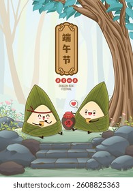 Vintage Chinese rice dumplings cartoon character. Dragon boat festival illustration. Translation:  Dragon Boat festival, 5th day of may, rice dumpling, zongzi, liquor
