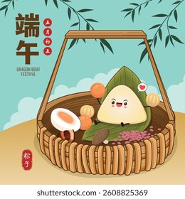 Vintage Chinese rice dumplings cartoon character. Dragon boat festival illustration. Translation:  Dragon Boat festival, 5th day of may, rice dumpling, zongzi