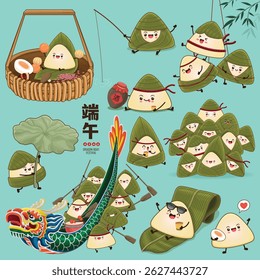 Vintage Chinese rice dumplings cartoon character. Dragon boat festival illustration. Chinese word means Dragon Boat festival, 5th day of may, liquor