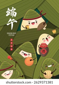 Vintage Chinese rice dumplings cartoon character. Dragon boat festival illustration. Chinese word means Happy Dragon Boat festival, 5th day of may, liquor
