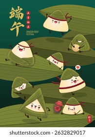 Vintage Chinese rice dumplings cartoon character. Dragon boat festival illustration. Chinese word means Happy Dragon Boat festival, 5th day of may, liquor, rice dumpling, zongzi, 