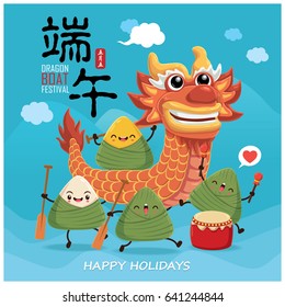 Vintage chinese rice dumplings cartoon. Dragon boat festival illustration.(caption: Dragon Boat festival, 5th day of may)