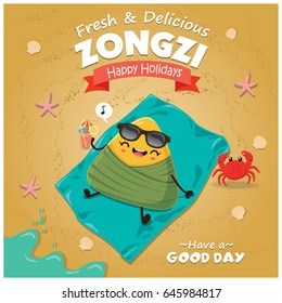 Vintage chinese rice dumplings cartoon character. Dragon boat festival illustration.(caption: Dumplings, Dragon Boat festival, 5th day of may)