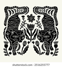 Vintage Chinese style tigers, cool funny doodle characters and floral jungle blossom elements. Poster or art print, tropical cats clip-art.