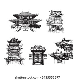 Vintage Chinese temples illustrations. Monocolor chinese buildings illustrations.