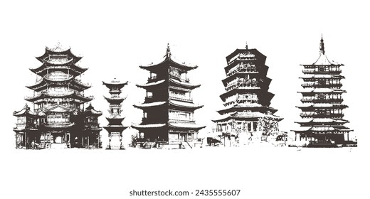 Vintage Chinese temples illustrations. Monocolor chinese buildings illustrations.
