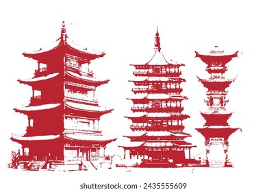 Vintage Chinese temples illustrations. Monocolor chinese buildings illustrations.