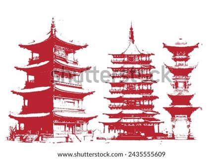 Vintage Chinese temples illustrations. Monocolor chinese buildings illustrations.
