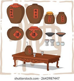 Vintage Chinese wine jar filled with Realgar wine, a traditional rice wine infused with arsenic sulfide. Known for its bright orange color and unique flavor. Translation: Realgar wine.