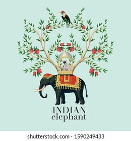 Vintage chinoiserie floral pomegranate tree, bird, slot, indian elephant illustration blue background. Exotic oriental slogan print.