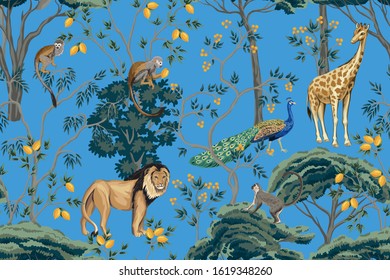 Vintage chinoiserie fruit tree, plant, bird, lion, giraffe, monkey, peacock seamless pattern blue background. Exotic oriental wallpaper.