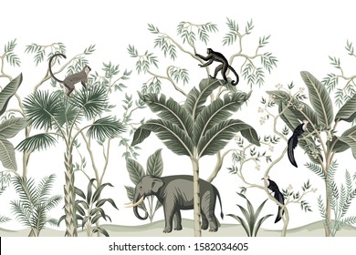 Vintage chinoiserie palm tree, banana tree, plant, bird, monkey, elephant seamless border white background. Exotic safari wallpaper.