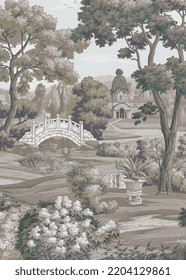 Vintage chinoiserie style garden vector illustration for wallpaper