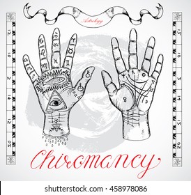 Vintage chiromancy chart with hands, palms, fingers and lines. Sketch graphic illustration with mystic and occult hand drawn symbols. Halloween, astrological and esoteric concept