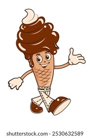 Vintage chocolate ice cream cone in retro style. A cartoon funny character in denim trousers. Retro character, 70s hippie style.
