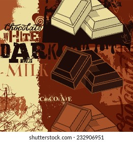 Vintage Chocolate poster design. Three kinds of chocolate:white, dark and milk. Vector illustration