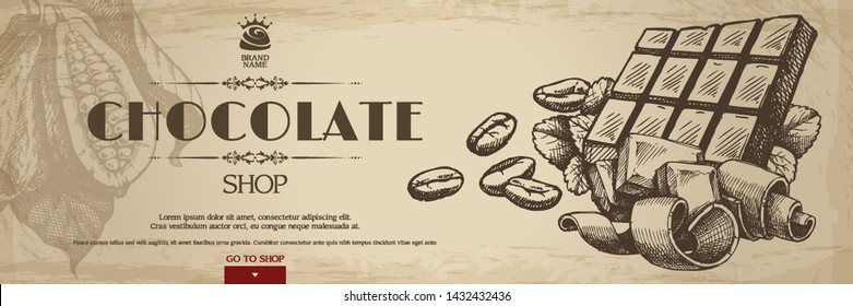 Vintage Chocolate Template Banner Background With Chocolate Bar, Cocoa Bens Hand Drawn Doodle Sketch Illustration