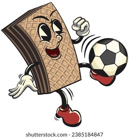 vintage chocolate wafer character mascot with funny face playing soccer with side kick, isolated cartoon vector illustration. emoticon, cute vintage wafer mascot