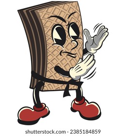 vintage chocolate wafer character mascot with funny face practicing martial arts and wearing belt, isolated cartoon vector illustration. emoticon, cute vintage wafer mascot