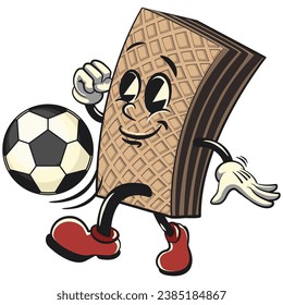 vintage chocolate wafer character mascot with funny face playing soccer, isolated cartoon vector illustration. emoticon, cute vintage wafer mascot