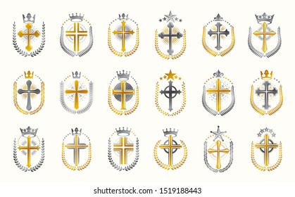 Vintage Christian crosses vector logos or emblems, heraldic design elements big set, classic style heraldry religion symbols, antique designs.