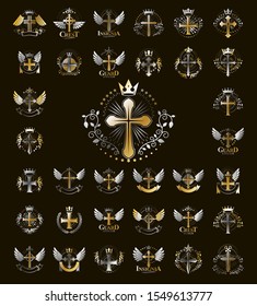 Vintage Christian crosses vector logos or emblems, heraldic design elements big set, classic style heraldry religion symbols, antique designs.