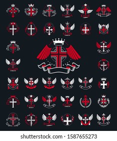 Vintage Christian crosses vector logos or emblems, heraldic design elements big set, classic style heraldry religion symbols, antique designs.
