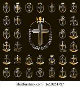 Vintage Christian crosses vector logos or emblems, heraldic design elements big set, classic style heraldry religion symbols, antique designs.