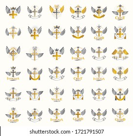 Vintage Christian crosses vector logos or emblems, heraldic design elements big set, classic style heraldry religion symbols, antique designs.